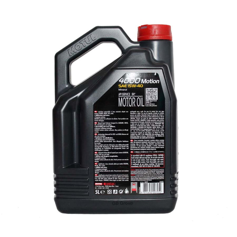 Motul 4000 Motion SAE 15W40 SN ACEA A3/B3 lubricante mineral garrafa de 5 litros 100295.