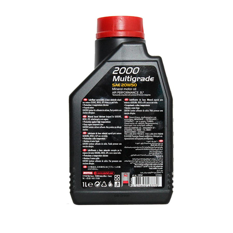 Motul 2000 Multigrade SAE 20W50 SL ACEA A2/B2 lubricante mineral botella de 1 litro 102769.