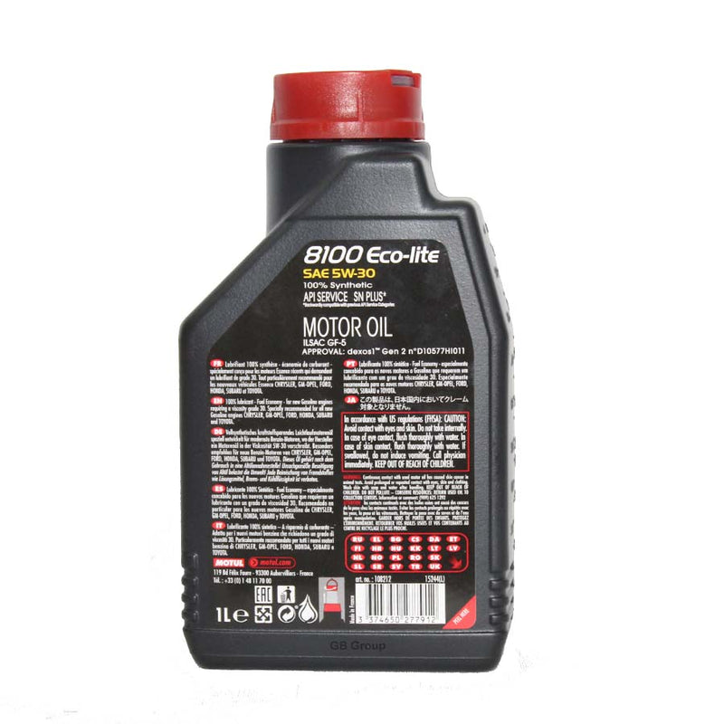 Motul 8100 Eco-Lite SAE 5W30 SN GF5 lubricante 100% sintético botella de 1 litro 108212.